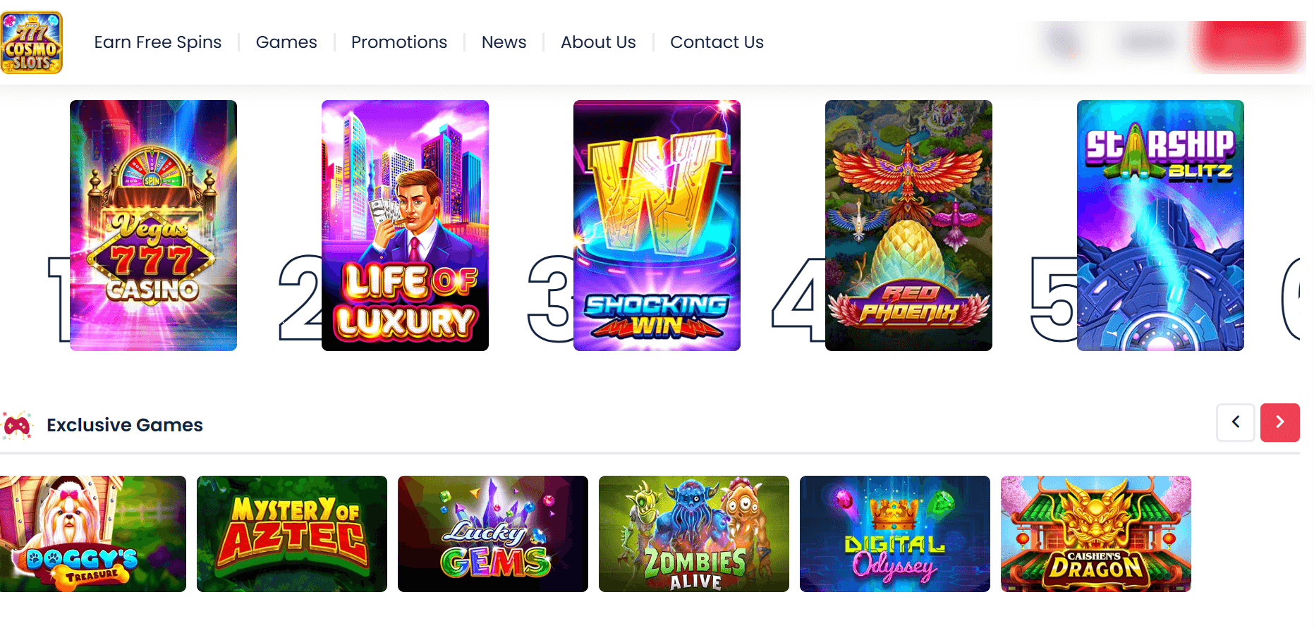 CosmoSlots games lobby featuring slot titles including Chest of Bliss, Life of Luxury, and Shocking Win